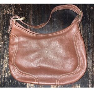 Ann Taylor Loft Brown Pebbled Leather Hobo Shoulder Bag White Stitching Brass